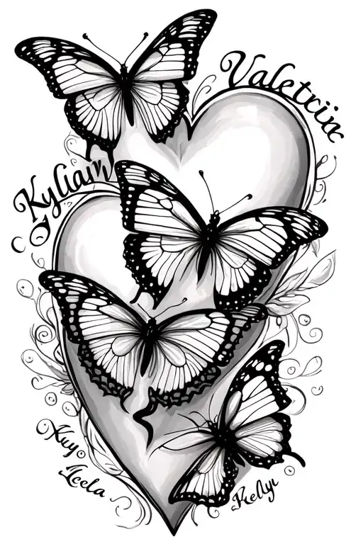 3 hearts with first names "Kylian, Valentin, Nélya," Writing with 3 butterflies tattoo design idea
