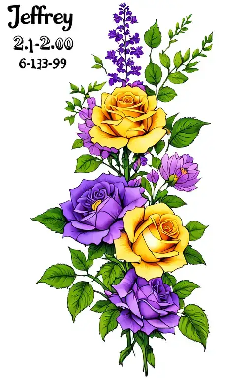 "Jeffrey 2-1-00 Reed 6-13-09" Violet and primrose flower rose and honeysuckle growing intertwining long an tall  tattoo design idea