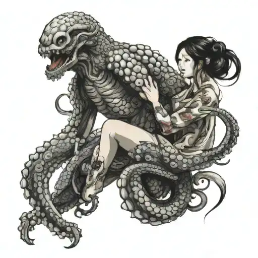 Octopus fight samurai girl nude woman holding tattoo design idea