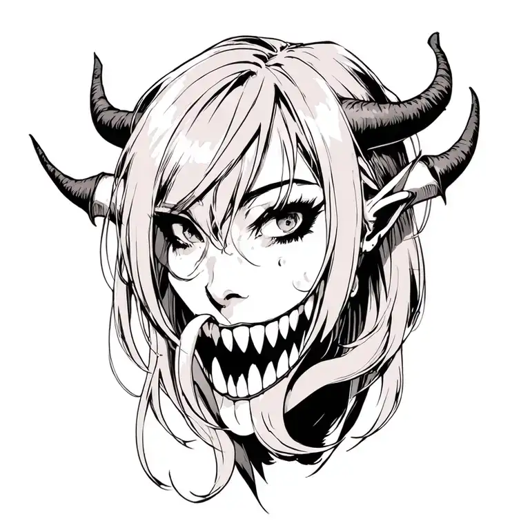 female demon, wide sharp toothed grin, sexy long tongue,  tattoo design idea