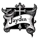 cross with a scroll around it that says Jayden  tattoo design idea