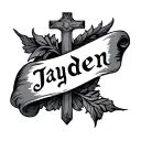 cross with a scroll around it that says Jayden  tattoo design idea