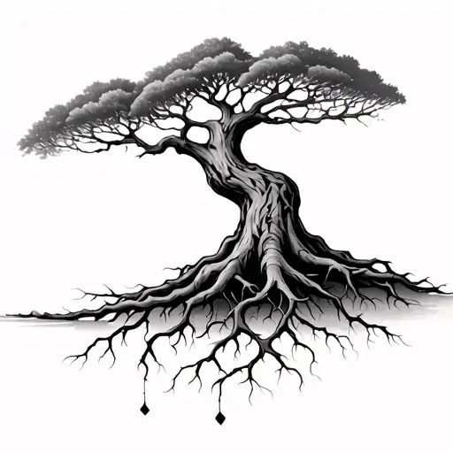 tree of life with roots, one side of the tree is dead  tattoo design idea