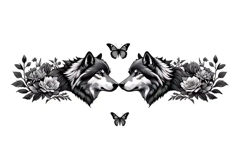 wolf and butterfly and flower tattoo design idea