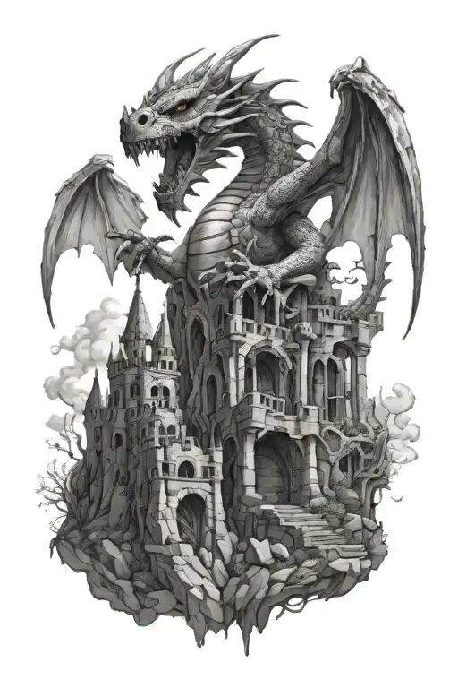 Dragon protecting castle ruins intertwined littered with skull and bones at bottom tattoo design idea