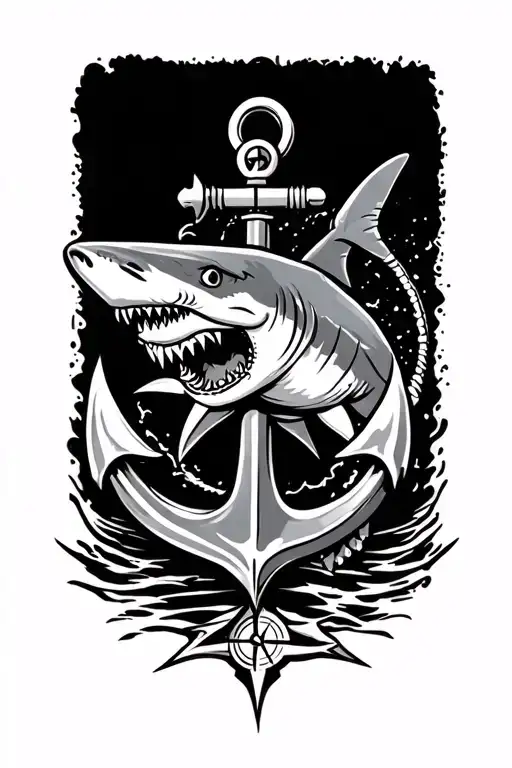 boat anchor and compass shark emerging tattoo design idea