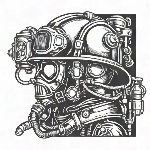 A tattoo design featuring a firefighter's helmet with a navy deep sea diver's helmet intertwined, symbolizing your dedication to both professions tattoo design idea