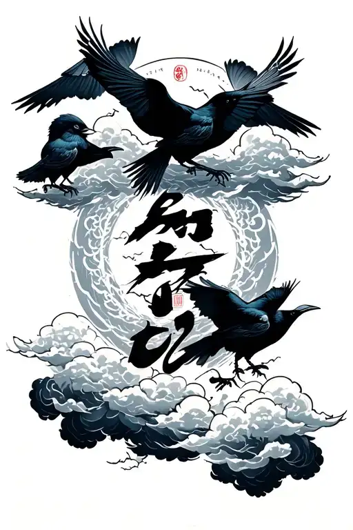 japanese word 'kaizen' surrounded by japanese clouds & crows tattoo design idea