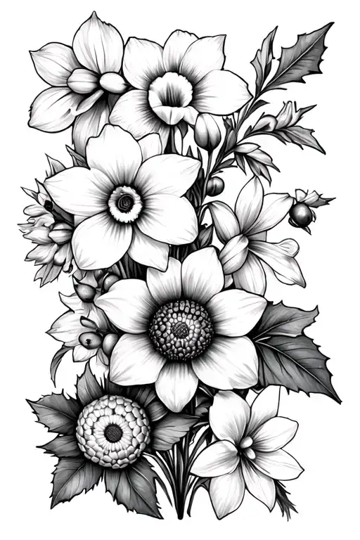 bouquet of flowers with one of each Daffodil, Jonquil, Holly, Daffodil, Morning Glory, Hawthorn, Chrysanthemum tattoo design idea