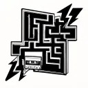  a maze with dead ends but the dead ends have symbols of a lighting bolt, dog paw, cassette tape, little tattoo design idea