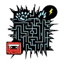  a maze with dead ends but the dead ends have symbols of a lighting bolt, dog paw, cassette tape, little tattoo design idea