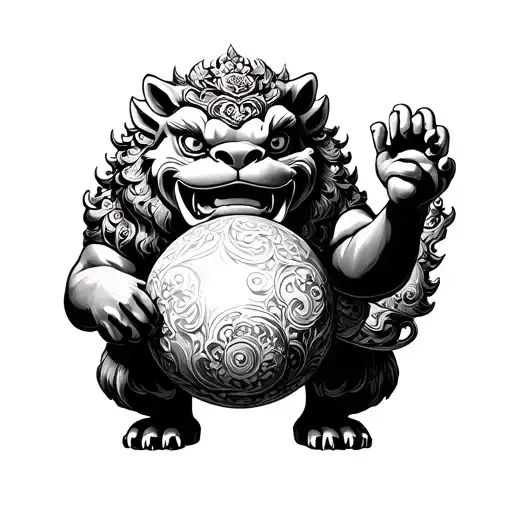 divine Foo  Dog holding a sphere with his pawn tattoo design idea