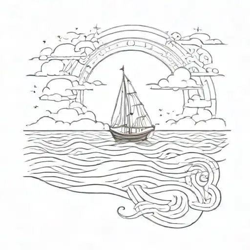 Bohemian style, Sun shining over the wavy sea, simple and delicate line. Over the back a tiny boat is seen. tattoo design idea