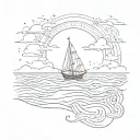 Bohemian style, Sun shining over the wavy sea, simple and delicate line. Over the back a tiny boat is seen. tattoo design idea