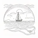 Bohemian style, Sun shining over the wavy sea, simple and delicate line. Over the back a tiny boat is seen. tattoo design idea