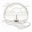 Bohemian style, Sun shining over the wavy sea, simple and delicate line. Over the back a tiny boat is seen. tattoo design idea