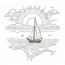 Bohemian style, Sun shining over the wavy sea, simple and delicate line. Over the back a tiny boat is seen. tattoo design idea
