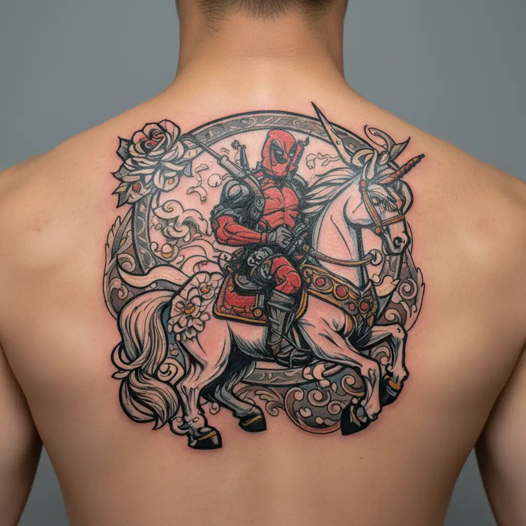 Deadpool riding a unicorn  tattoo design idea