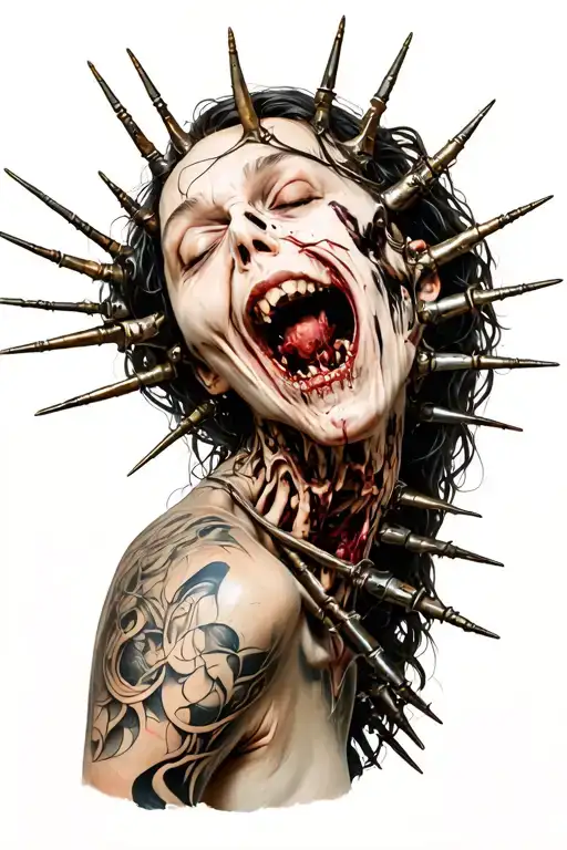  Oizys as a "horrifying sight to behold, a ghastly corpse of a woman impaled with various metal spines and objects". She tattoo design idea