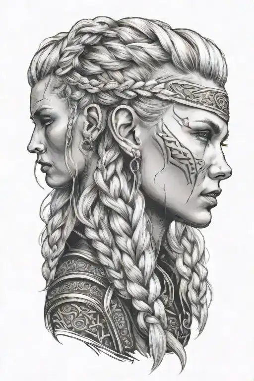blonde viking woman face profil braids tattoo design idea