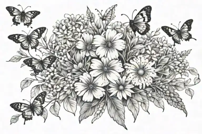 Wild flowers growing upwards, caterpillars, ladybugs, bees, butterflies tattoo design idea