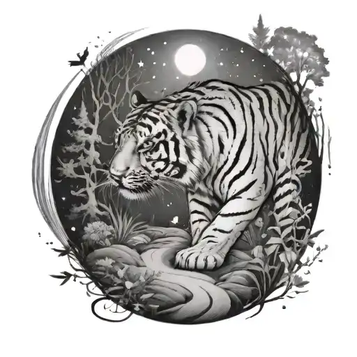 A dreamy black and grey tattoo of a tiger walking on a moonlit path through a starry forest, representing the journey through overcoming trauma tattoo design idea