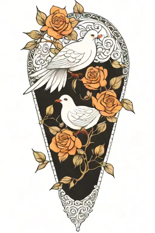 zentangle drawing of a seated dove and roses growing tattoo design idea