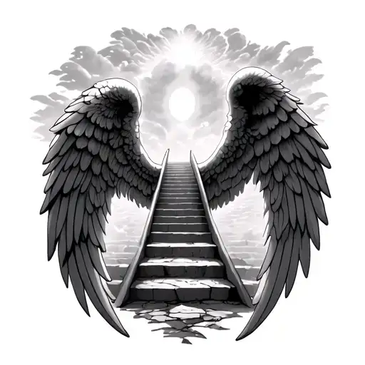 angel wing tattoo with stairs to heaven in between leading to gates to heaven symmetrical back tattoo tattoo design idea