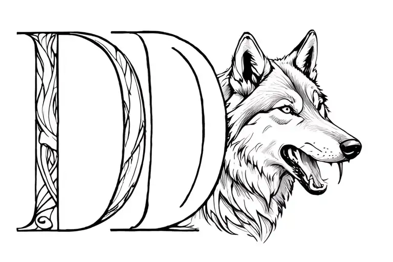 initials DG with an wolf biting the initials on the left hand  tattoo design idea