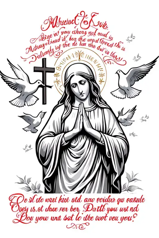 mother Mary praying with cross and doves flying bible quote with red words tattoo design idea