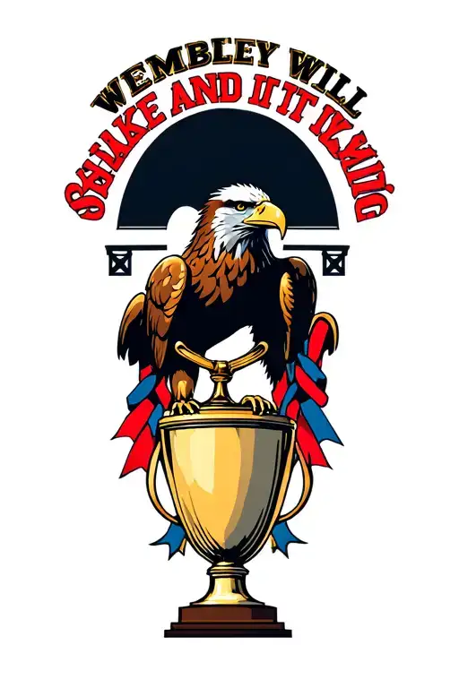 "Wembley will shake and it will" eagle holding trophy with red and blue ribbons please incorporate Wembley arch in background.  tattoo design idea
