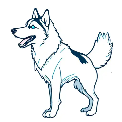 red and white siberian husky with blue eyes + dancing figure + snow + books outline tattoo design idea
