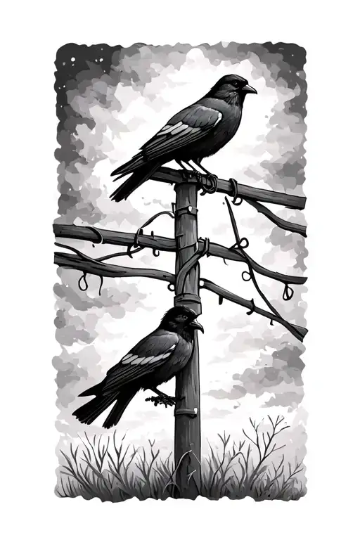 Two names, Elsa and Ines, joined by a thin line with two crows on an electric pole. tattoo design idea
