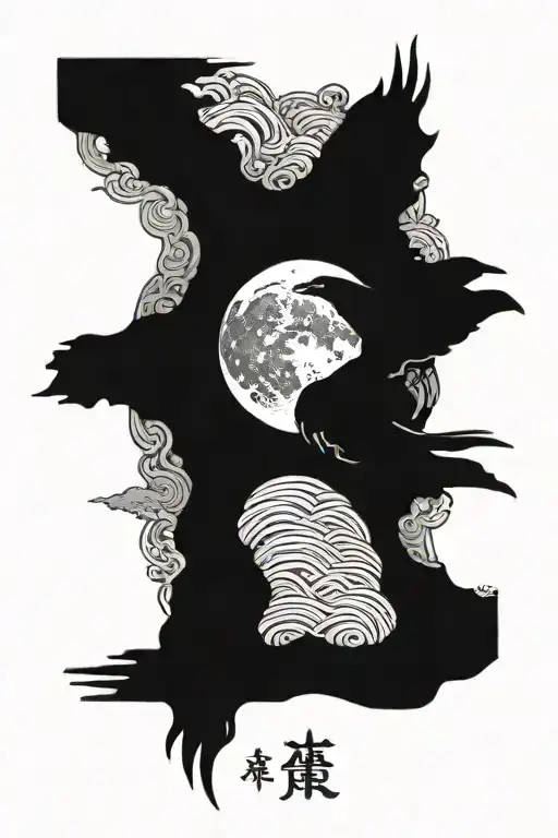 A crow infront of a moon with Japan style background and Japan waves and mount Fuji  tattoo design idea
