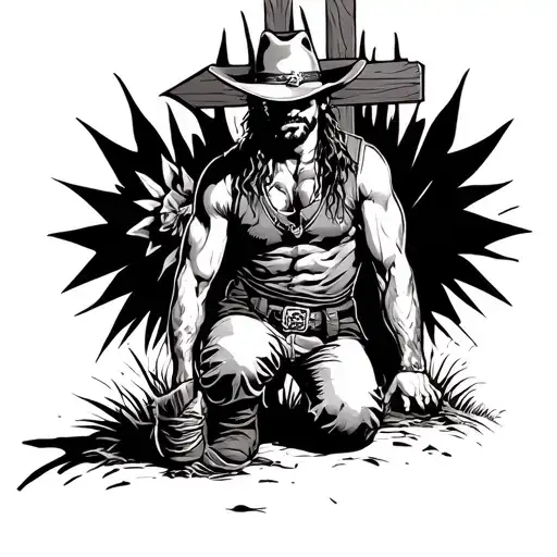 cowboy kneeling in front of cross tattoo design idea
