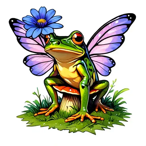 A frog with fairy wings on its back sitting on a toadstool with a blueish-purple flower on its head tattoo design idea