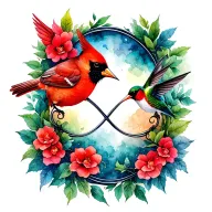 infinity symbol with cardinal and hummingbird and vines tattoo design idea