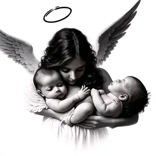 woman holding two babies one baby with angel wings and halo tattoo design idea
