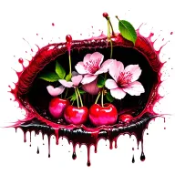 an open bloody wound with cherry flowers blossoming out of the bottom of it and pink poison dripping out of the flowers tattoo design idea