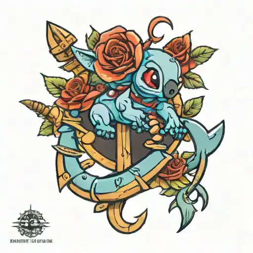 stitch sitting on anchor with roses intertwined tattoo design idea