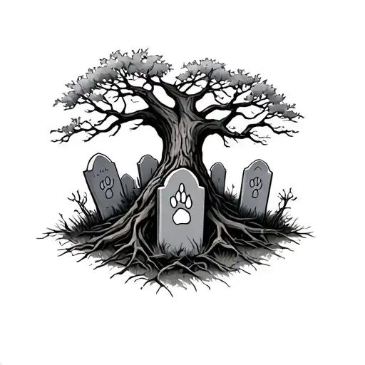 willow tree with dog paw in graves in trunk of tree tattoo design idea