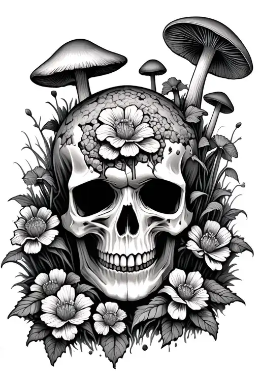 skull rotting flowers mushrooms growing tattoo design idea