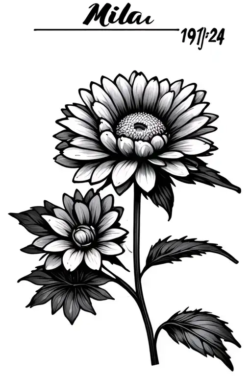Chrysanthemum flower with Mila and 19-11-24 written in the stem tattoo design idea