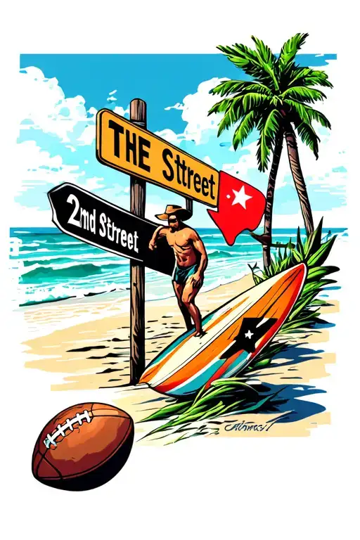 beach with surfer merging in to a Texas theme pattern with football and a street sign on the beach that says 2nd street tattoo design idea