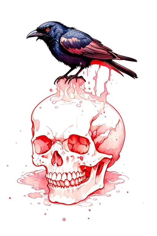 demonic black bird sitting atop a desecrated skull that is in a pool of acid; reds and greens make it for a wrist sleeve tattoo design idea