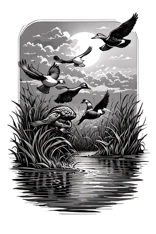 swamp ish type thing with 3 ducks flying over with a sun and clouds and a water source at the bottom tattoo design idea