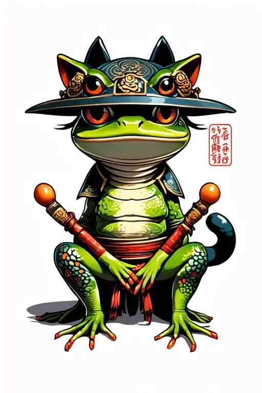 samurai frog sitting on dead nekomata tattoo design idea