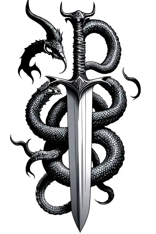 jagged sword going down with devil horns and a snake wrapping around tattoo design idea