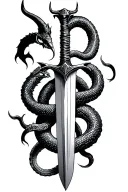 jagged sword going down with devil horns and a snake wrapping around tattoo design idea