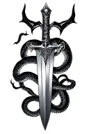 jagged sword going down with devil horns and a snake wrapping around tattoo design idea